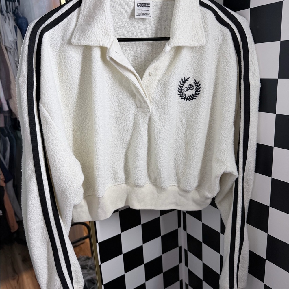 Victoria's Secret PINK White Cropped Pullover with Black Stripes